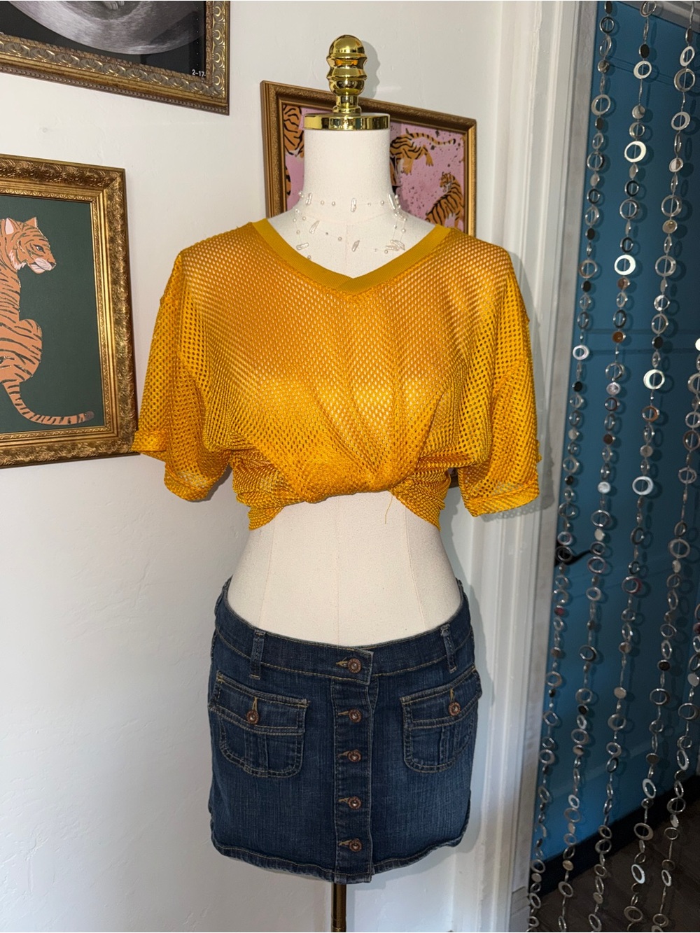 Y2K Mustard Yellow Mesh Jersey Top